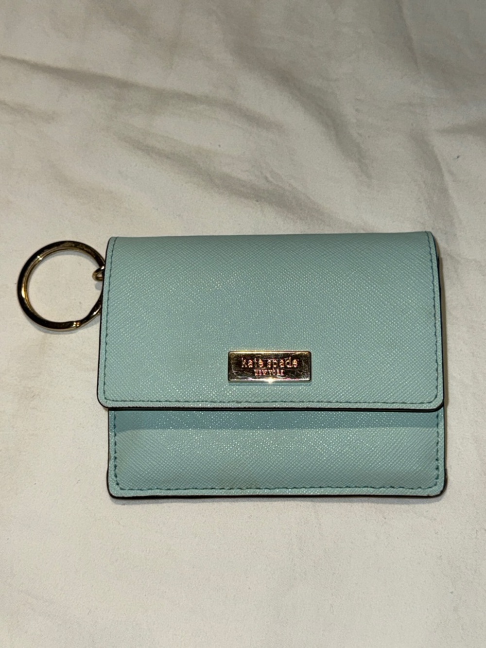 Kate Spade Card Wallet Pale Tiffany Blue Cross Hatch Leather EUC